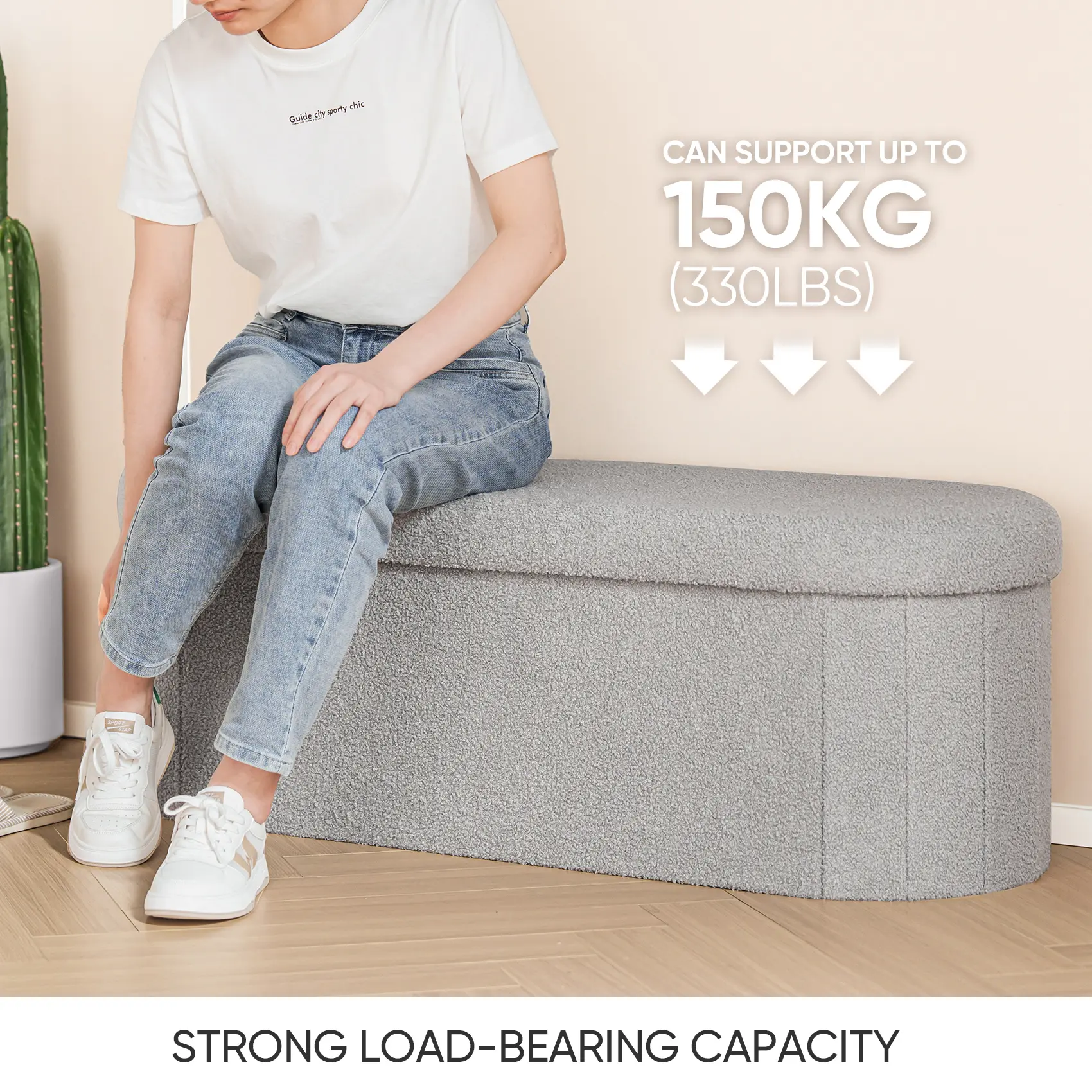 PINPLUS Storage Ottoman Bench Tufted Oval Ottoman Bench Foot Rest Velvet Bench with Storage 43" Grey