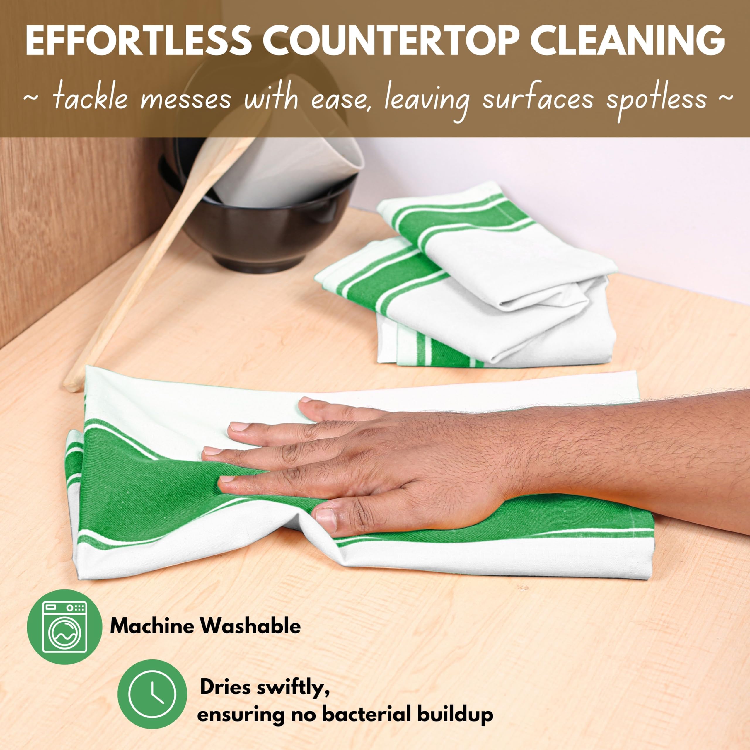 Native Fab Green Kitchen Towels 18 x 28 Inch, 12 Pack, Wide Stripe, Super Absorbent, Fast Dry, Soft, Cotton Dish Towels for Wiping Hands, Drying Dishes, Counter Cleaning Dish Cloth Set - Green