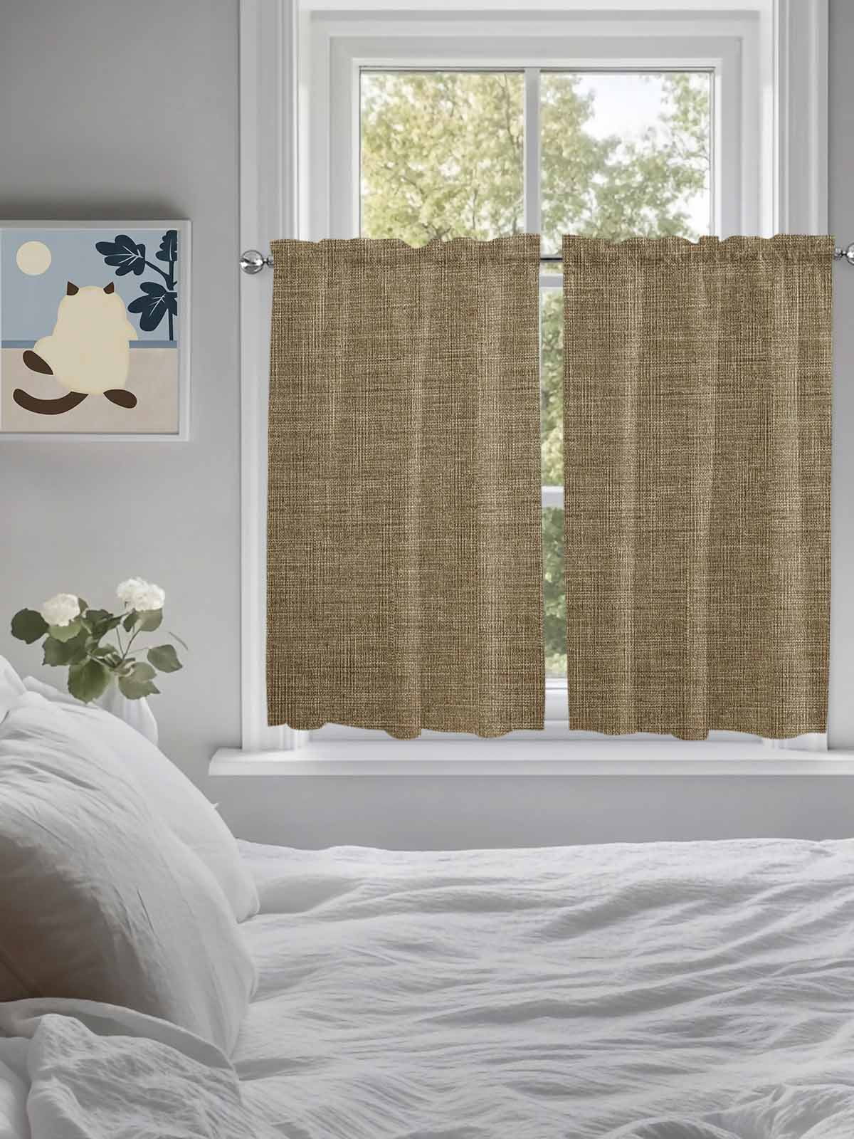 Brown Kitchen Curtains 54 Inches length, Farmhouse Burlap Solid Beige Color Modern Linen Texture Window Treatment Curtain Drapes, Decorative Window Curtains for Bedroom Cafe, 52"x54", 2 Panels