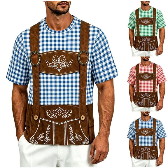 Telankuip Men's Bavarian Oktoberfest Shirt Summer Short Sleeve Crew Neck Plaid Printing and Funny 3D Graphic Tees Casual Loose Comfortable Breathable Festival T-Shirts 1-Red XL