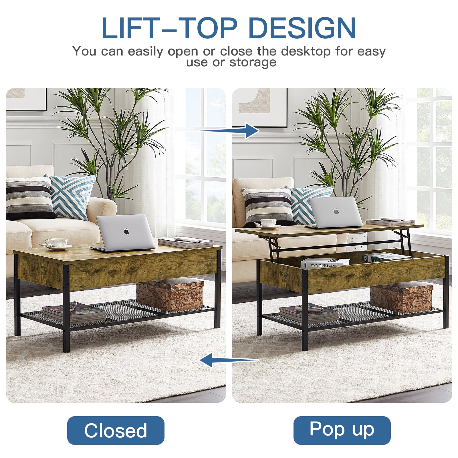 Lowestbest Lifting Coffee Table with Hidden Storage, Flip Top Coffee Table, Wooden Lifting Table for Living Room, Brown Lowestbest Lifting Coffee Table with Hidden Storage, Flip Top Coffee Table, Wooden Lifting Table for Living Room, Brown
