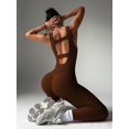thumbnail image 3 of Women Backless One Piece Jumpsuits Sleeveless Scoop Neck Bodycon Romper Seamless Workout Yoga Brown M, 3 of 4