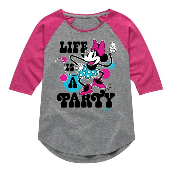 Disney - Mickey & Friends - Minnie Mouse - Life is a Party - Toddler And Youth Girls Raglan Graphic T-Shirt