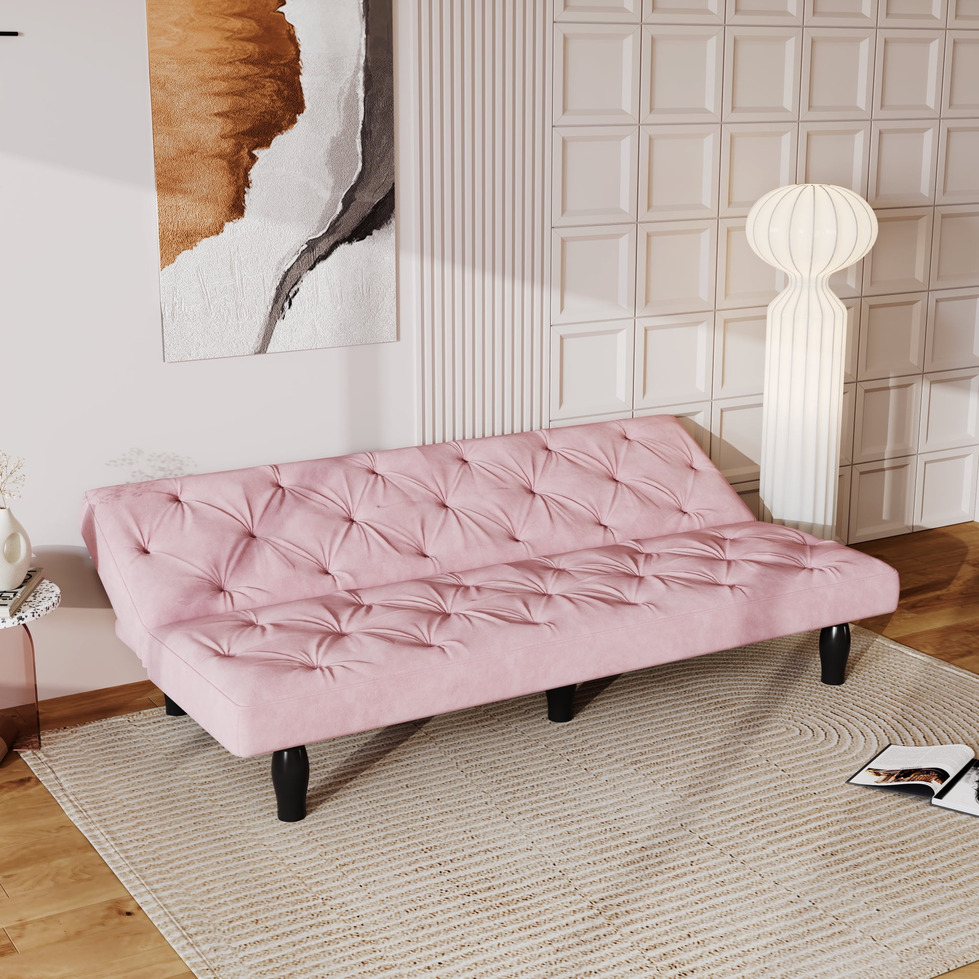 Jopath 66" 2-Seater Sofa Couches with Transforms Seamlessly, Velvet Sofa Bed for Apartments Living Room Bedroom Pink