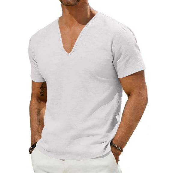 Domuza Linen Shirts for Men Casual Short Sleeve V-Neck Hippie Yoga Tops Lightweight Summer Beach Shirt White XL