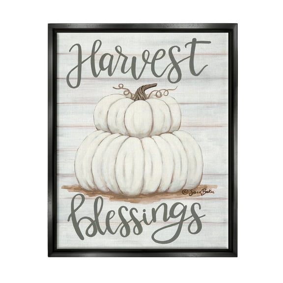 Stupell Industries Farm Fresh Harvest Blessing Sign White Pumpkins Jet Black Framed Floating Canvas Wall Art, 16x20, by Sarah Baker