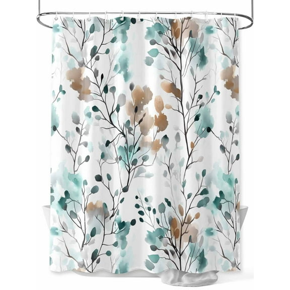 Vintage Teal Shower Curtain, Brown Wildflowers Leaves Abstract Botanical Waterproof Shower Curtain Set with 12 Hooks Lightweight Washable Fabric Shower Curtains for Bathroom 72x78 Inches
