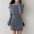 thumbnail image 1 of Vestido corto de punto con hombros descubiertos para mujer, minivestido Sexy coreano con tirantes finos, manga larga, Primavera, Y2K, 1 of 4