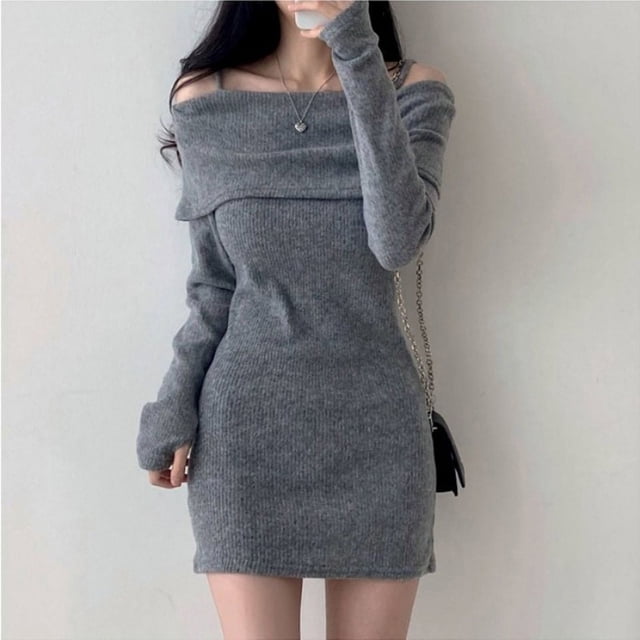 Vestido corto de punto con hombros descubiertos para mujer, minivestido Sexy coreano con tirantes finos, manga larga, Primavera, Y2K