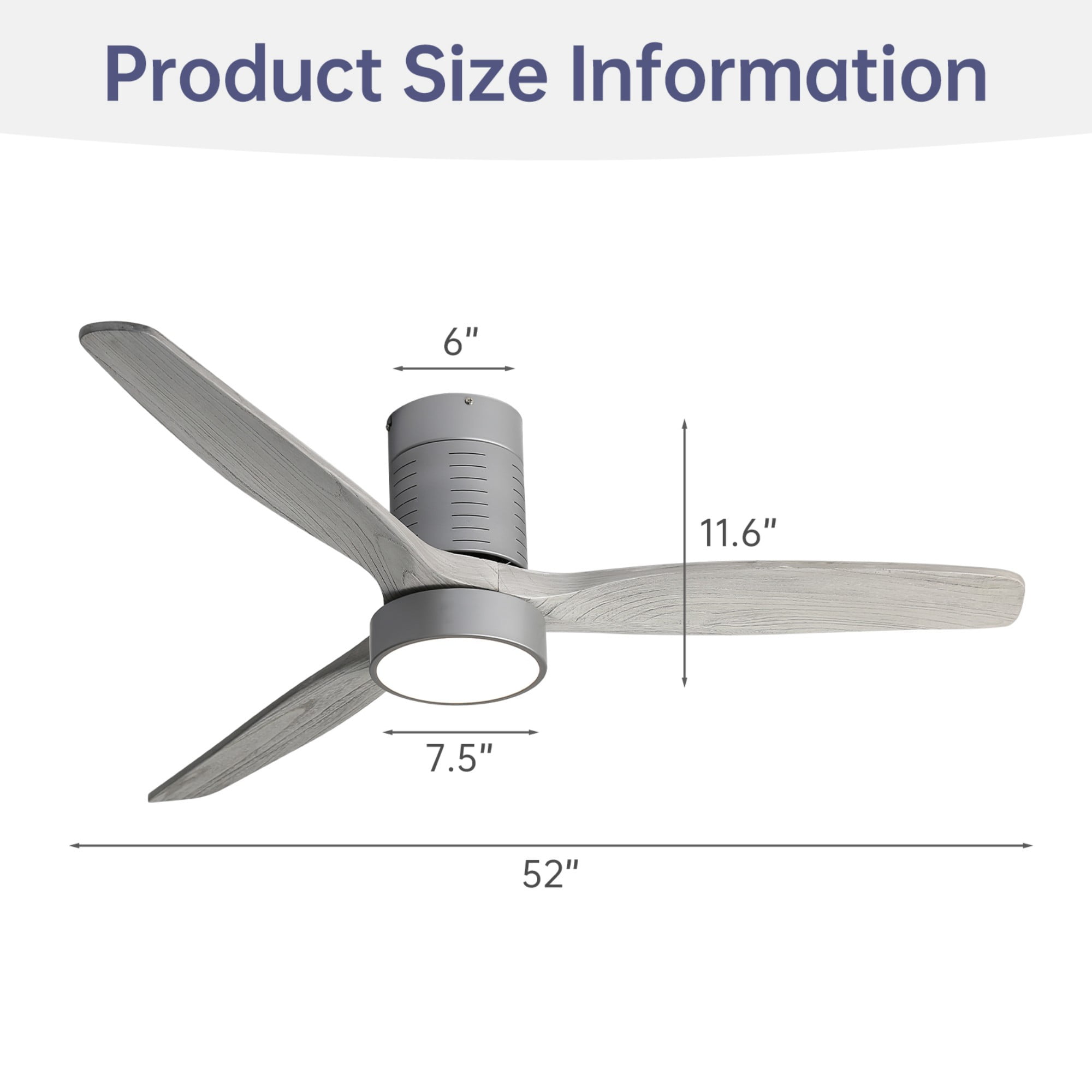Sofucor 52" Flush Mount Ceiling Fan with Dimmable Light and Remote Control, 3 Blades W/ Reverse Airflow, Grey