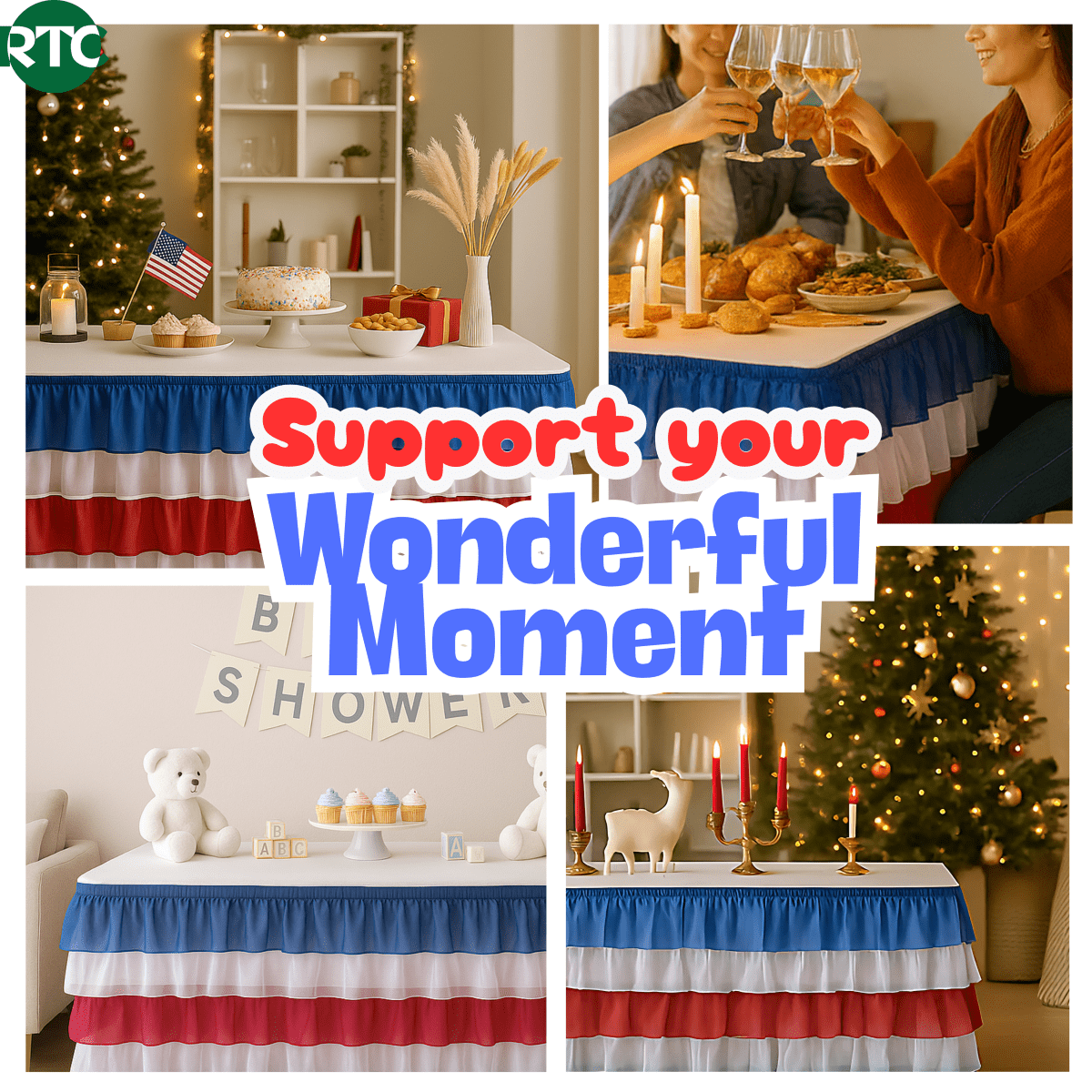 (10 pack) RTC Group 100% Polyester Tulle Ruffle Table Skirt Cover 6ft, 72 x 30 - Birthday Parties, Wedding, Party Decorations, Patriotic