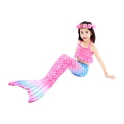 【Uhome】Girls Mermaid Bathing Suit 3PCS Hot Spring Bikini Swimsuits with Fish Tail Kids Beach Costume Set 3-12Y
