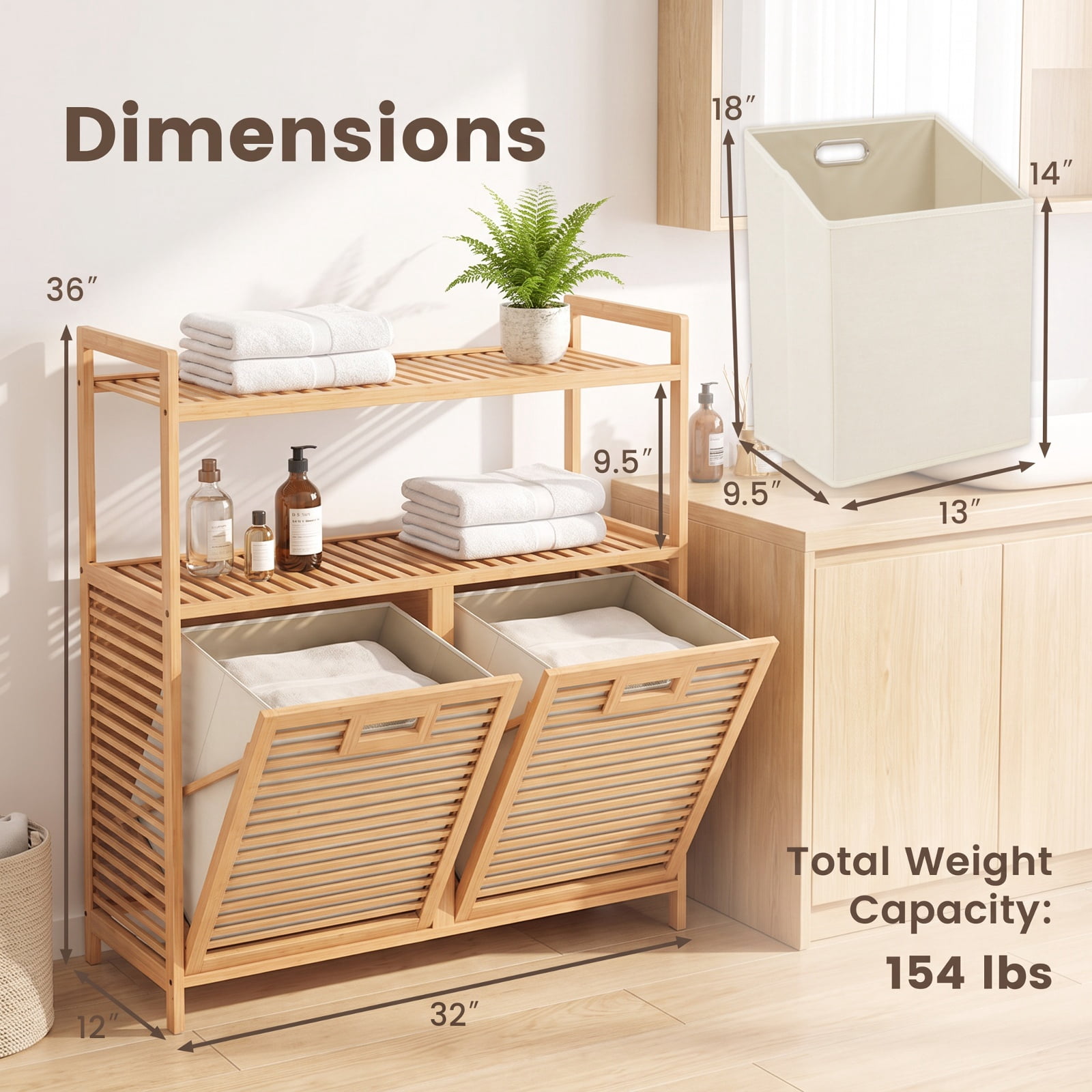 Vebreda Laundry Hamper with 2 Removable 7-Gallon Baskets, Double Tilt-Out Laundry Hamper Cabinet with 2 Open Shelves, Natural Bamboo