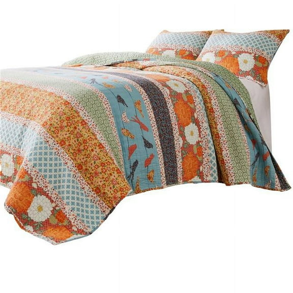 Floral & Songbirds Prints Twin Quilt & 1 Pillow Sham Set, Multi Color - 3 Piece