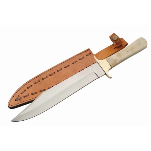 SZCO 15-Inch Oversized Fixed Blade Bowie Knife Authentic Bone Handle with Polished Brass Guard and Leather Sheath for Hunting and Survival