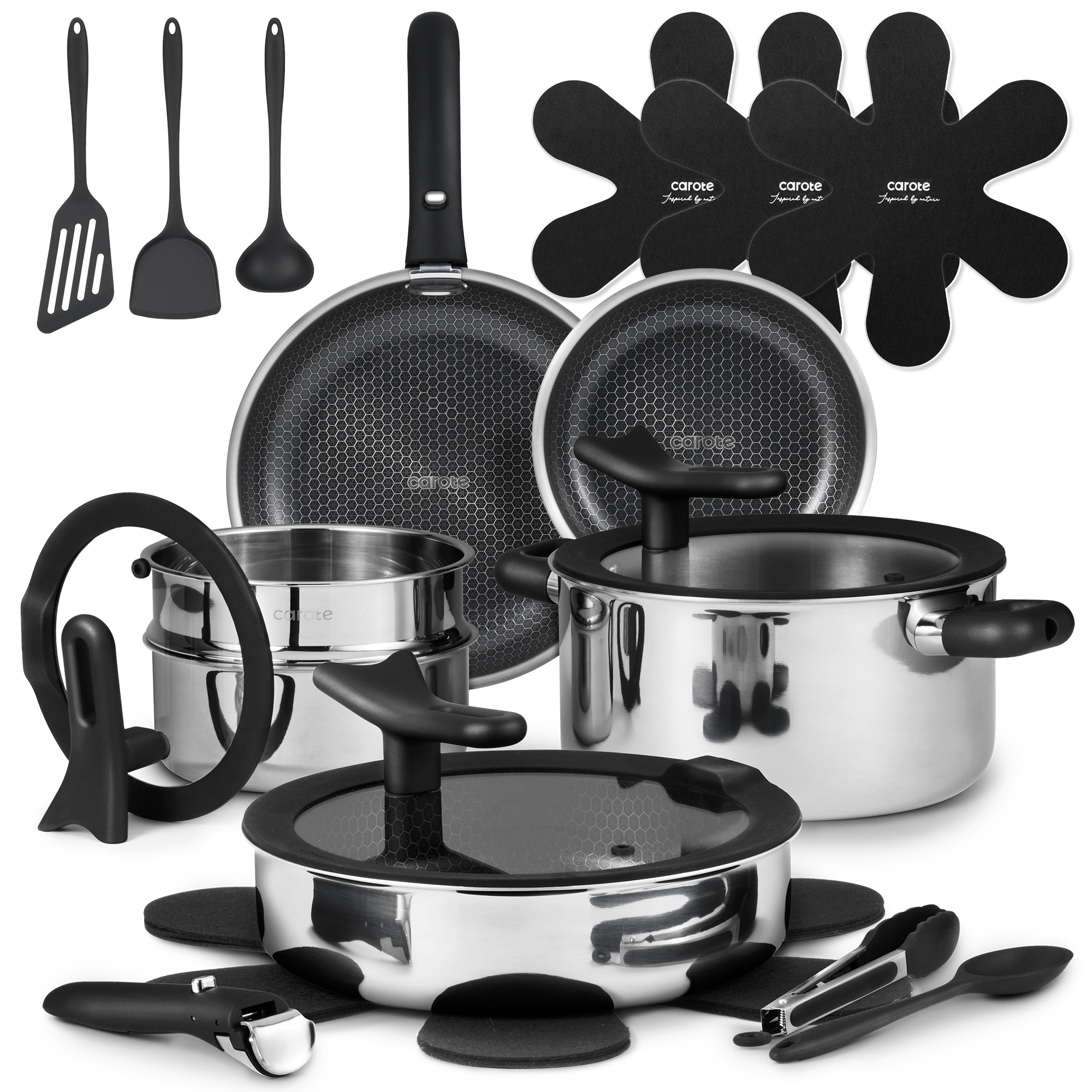 Carote 21-Piece Stainless Steel Cookware Set with Detachable Handle, Ceramic Hybrid Non-Stick, Easy Stacking, Stand-up Lid, Oven/Dishwasher Safe, Black