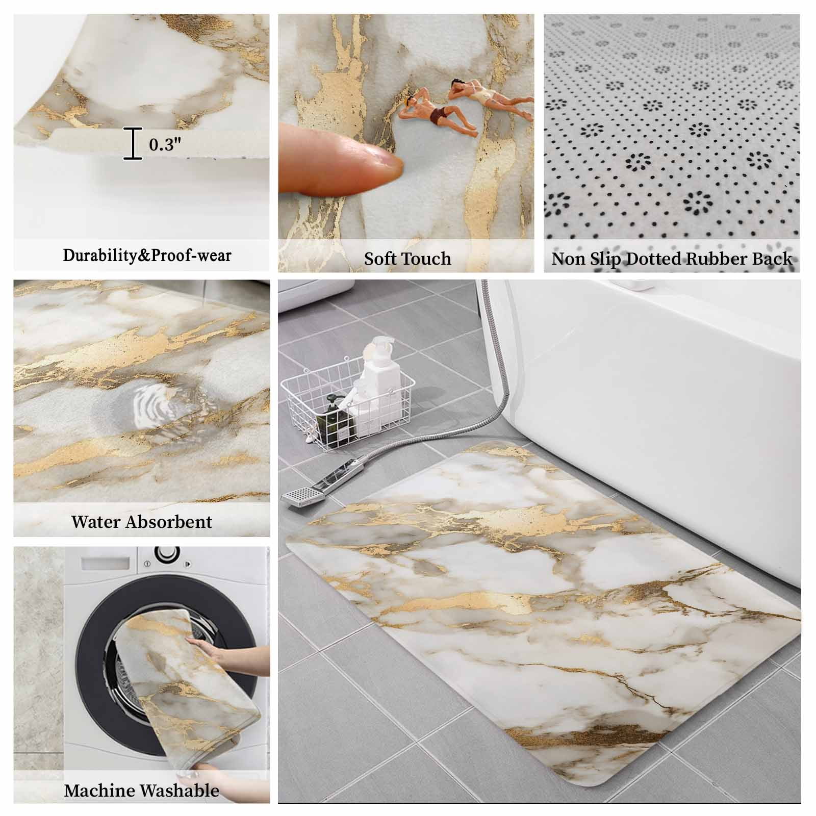 Marble Gold Bath Mat 3 Piece Bathroom Rug Set, Abstract Luxury Wave Gold Marbling Modern Non Slip Bath Rug Contour Mat and Toilet Lid Cover, Absorbent Shower Mats Soft Bath Rugs and Mats Sets