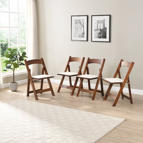 FFZ Set of 4 Solid Wood Folding Chairs with Beige PU Cushions, Natural Walnut