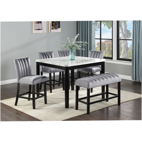 Modern 6-Piece Counter Height Dining Set with Faux Marble Table & Upholstered Chairs, Black and White Finish