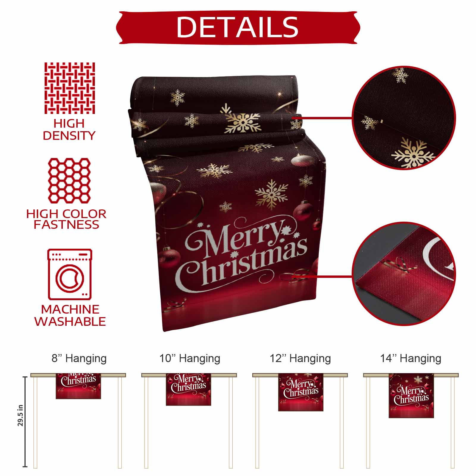 Red Theme Xmas Ball Table Runner 13x90 Inch Starry Merry Christmas Gold Snowflakes Table Runners Dresser Scarves Winter Holiday Kitchen Dining Table Decoration for Home Party Indoor