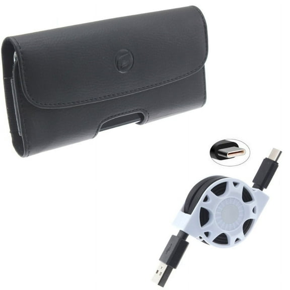 Black Leather Phone Case Side Cover Pouch w Retractable USB Type-C Cable Charge Sync Power Wire R1J for Razer Phone 2 - Samsung Galaxy S9 Plus S10 Plus A50 - Sony Xperia XZ3 - Xiaomi Mi 9