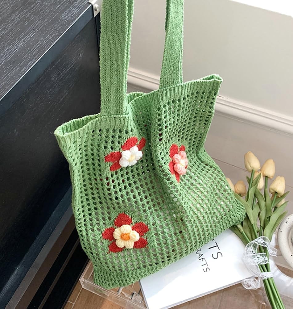 Kukuzhu Women Handmade Crochet Tote Bag Y2k Purse Cute Aesthetic Shoulder Bag Knitted Hobo Bag Mesh Beach Bag