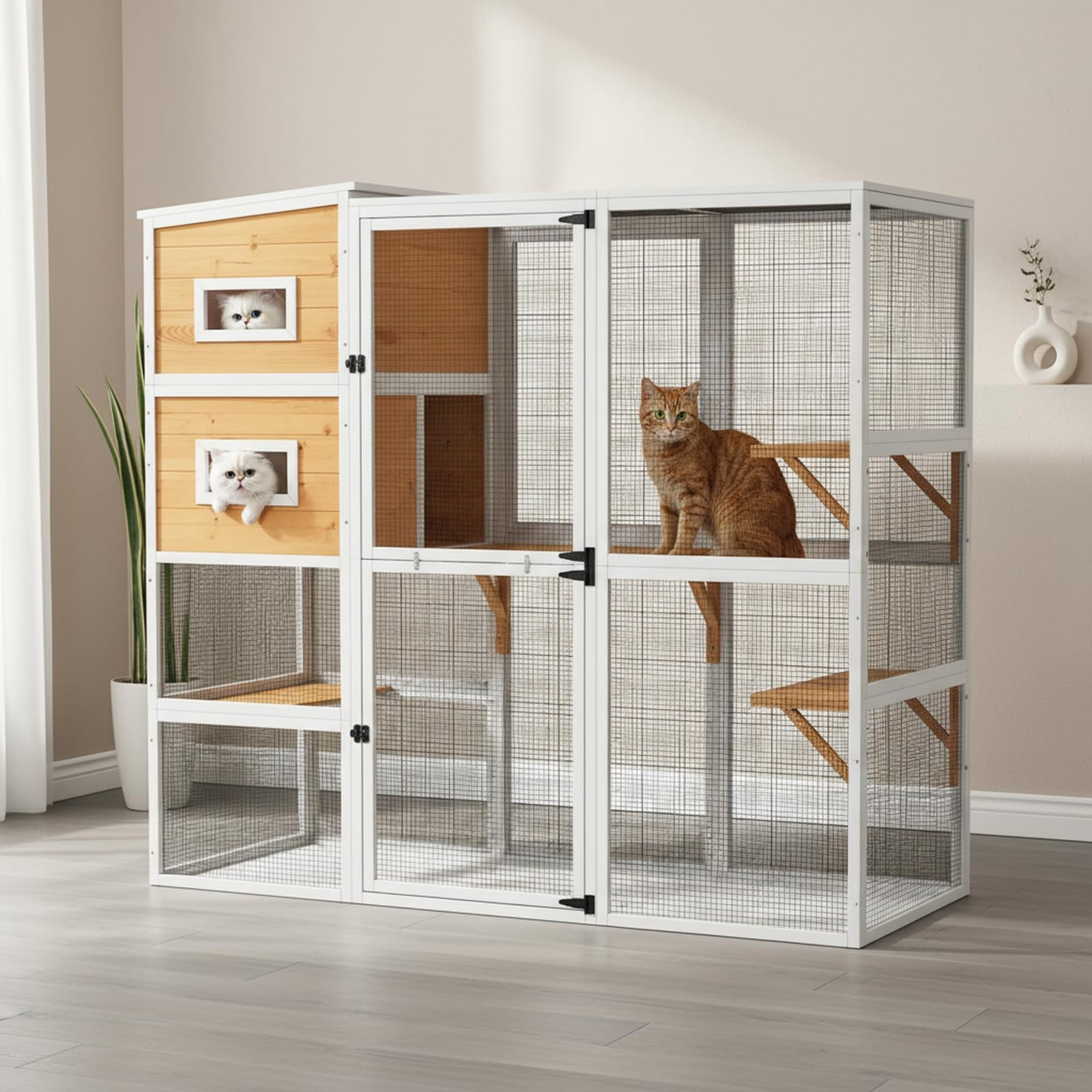 Large Catio Outdoor Cat Enclosure Window, 4 Tier Indoor House for Cats with Waterroof Roof, 3 Resting Rooms, 3 Platforms,Outdoor Catio Patio with Balcony, Connect to Window with 2 Large Door