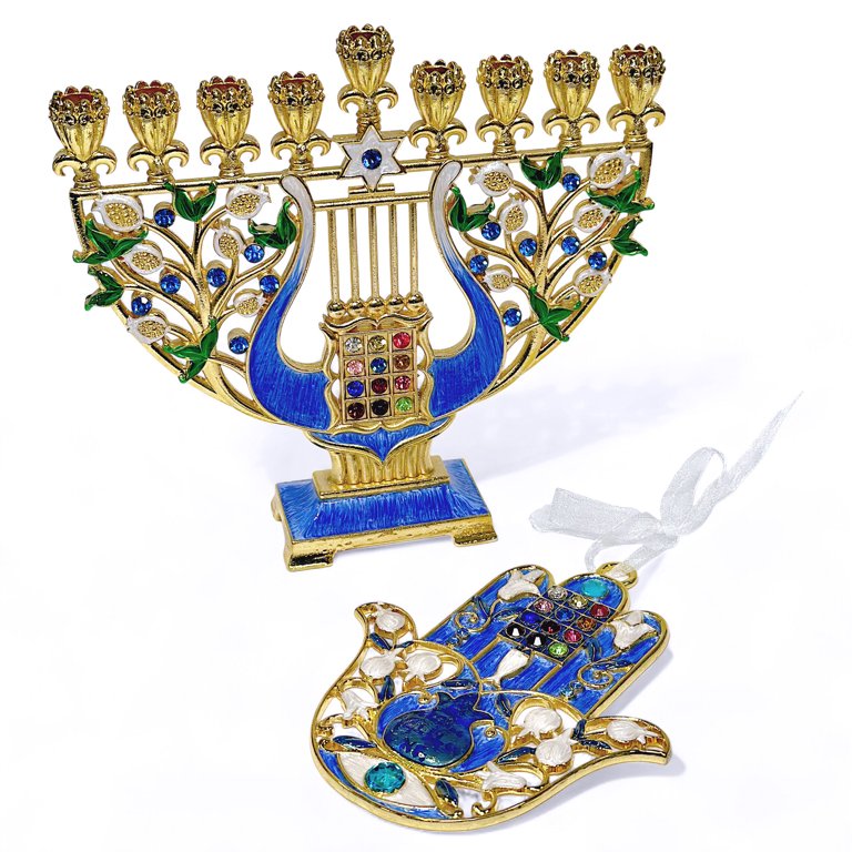 Harp Menorah with Jeweled Accents, Blue and Gold photo 2