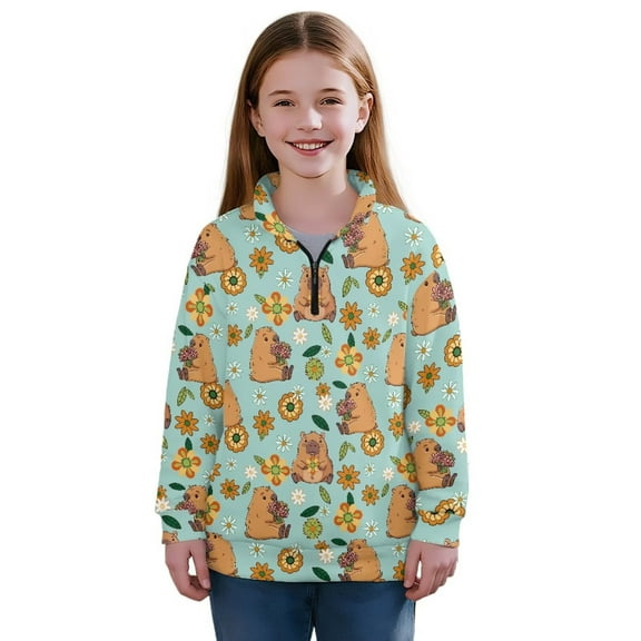 Uorisanigo Girls' 1/4 Zipper Sweatshirts Oversized Ethnic Floral Capybara Quarter Zip Pullover Jacket Fall Spring Outfits Clothes Long Sleeve Pullover Top Athletic Shirts Outerwear