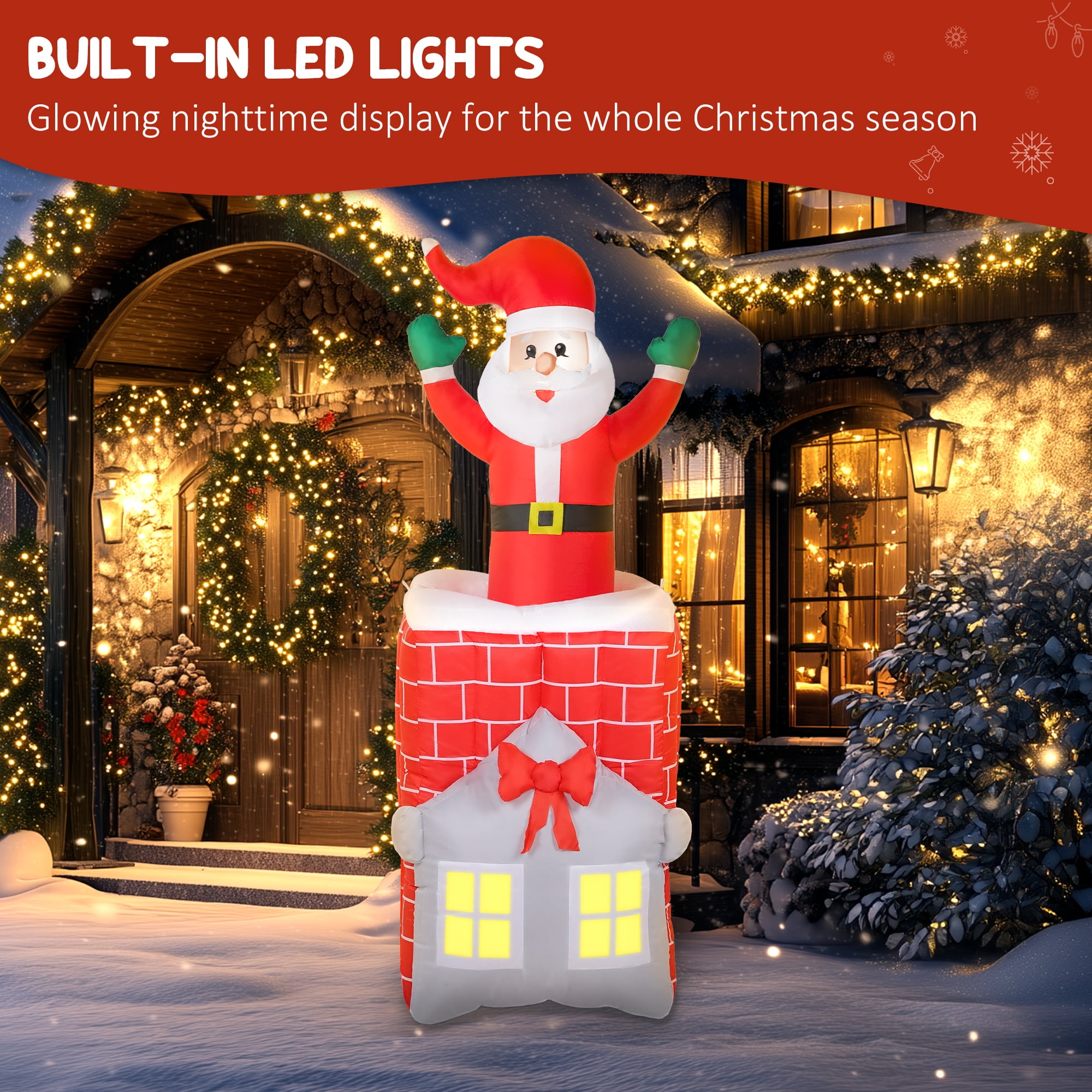 Dynamic Santa Claus Inflatable Rising from Chimney with LED Lights Outdoor Yard Christmas Decoration