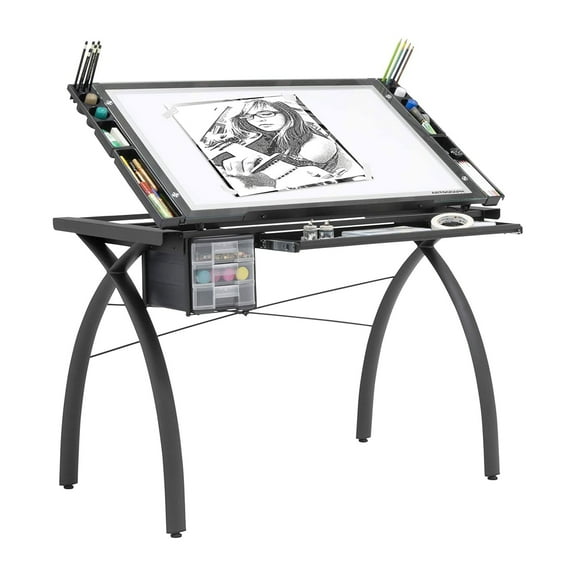 Artograph Futura Adjustable Glass Drafting Table with 4 Art Trays, Black