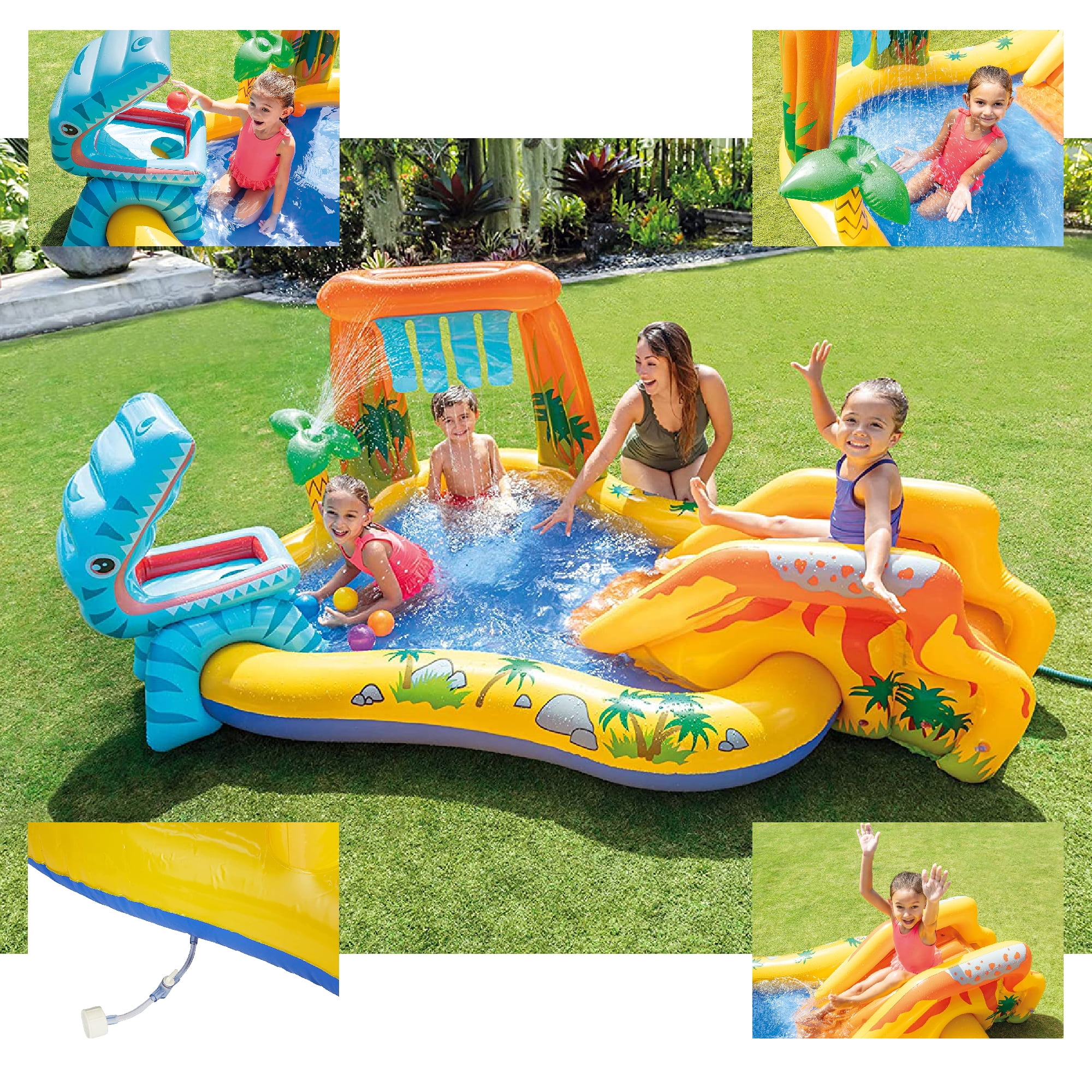 Aventis Kids Dinosaur Inflatable Play Center Fun in the Sun Water Pool Bundle with Matching Adorable Hooded Towel, Stylish Beach Tote, Classic Sunglasses, & Electric Air Pump for Ages 3+