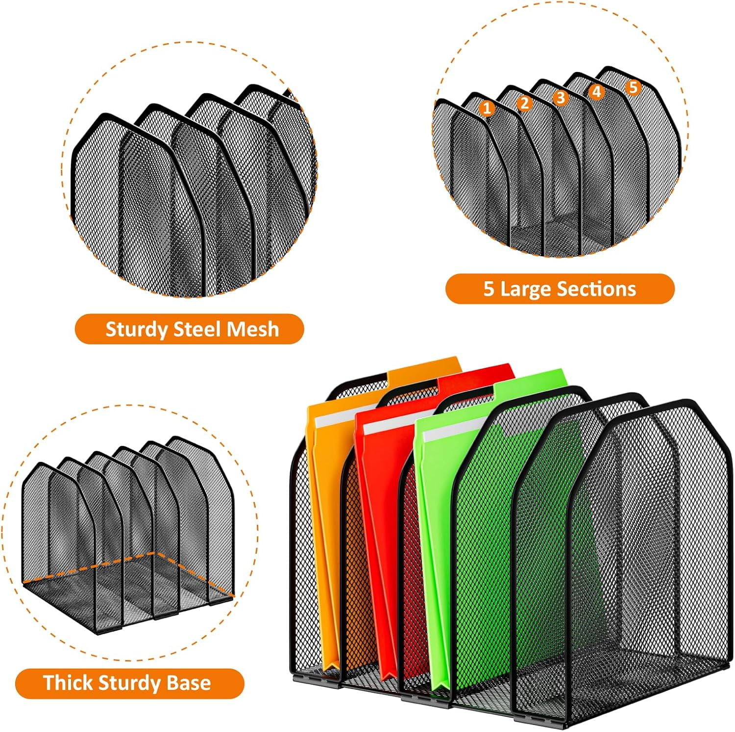 Desk File Organizer Adjustable 5 Sections Upright Desktop Organizer Sorter Sturdy Metal Mesh Vertical Bookshelf Holder Workspace Accessories for Home School Office Classroom Black