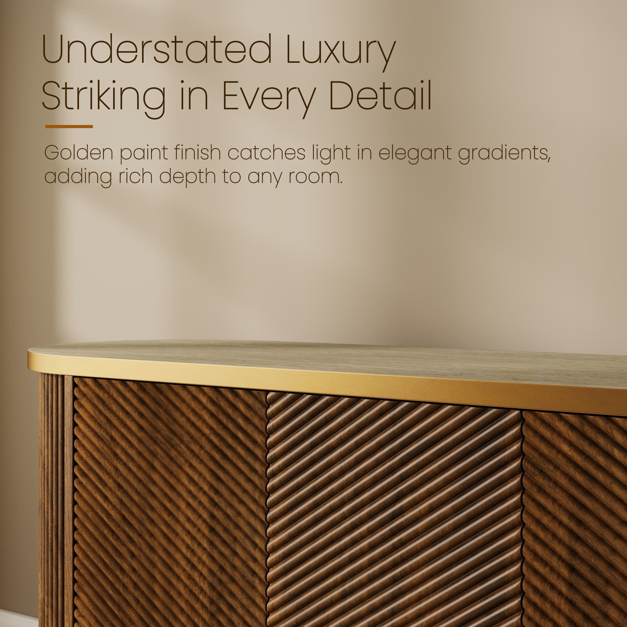 Noble House Diagonal Fluted Sideboard Cabinet with Faux Travertine Top & Gold Trim, Buffet Credenza TV Stand, Walnut