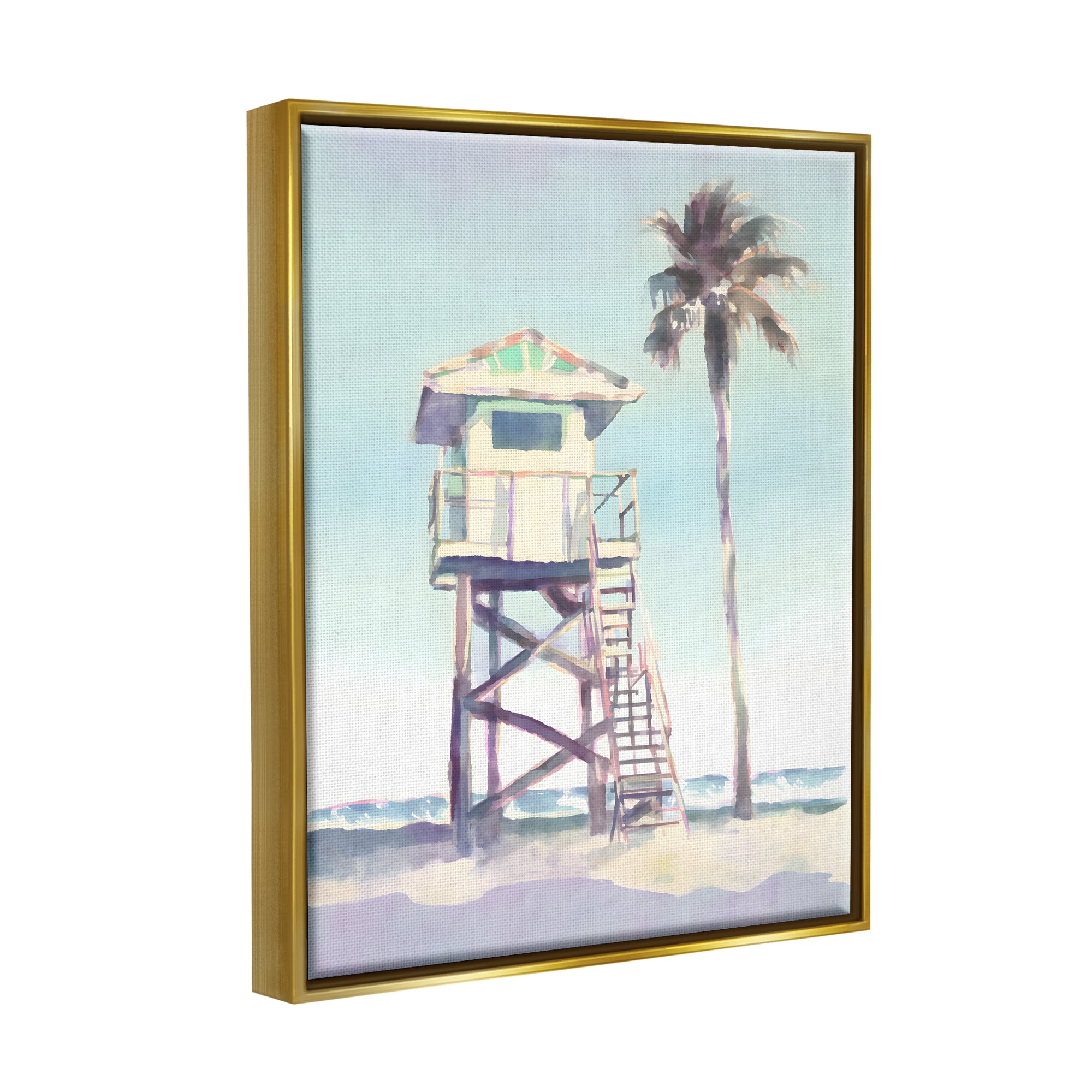 Stupell Industries Muted Beach Hut Landscape Painting Gold Floater Framed Canvas Art Print Wall Art, 25 x 31