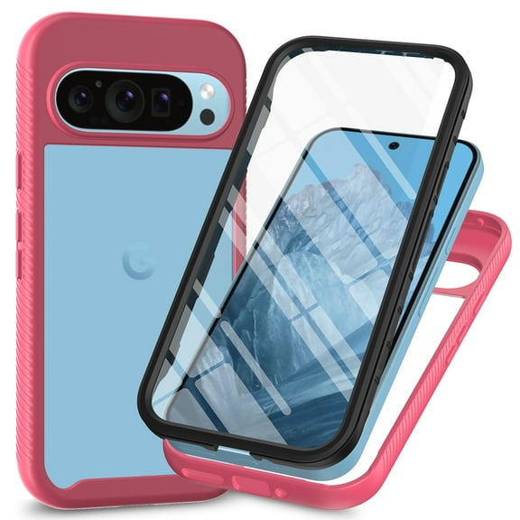 Clear Case for Google Pixel 9 Pro XL with Screen Protector, Dual-Layers Transparent Hybrid Rugged PC Silicone Shockproof Case Military Grade Lens Protection Cover for Google Pixel 9 Pro XL, Pink