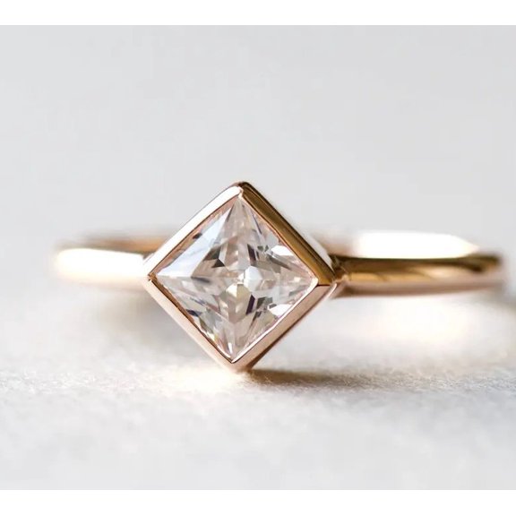 Jewelerix Modern 10K Vermeil Gold Ring Engagement Moissanite Ring Wedding Minimalist Princess-Cut Bezel Design for Her
