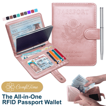 ComfiTime Passport Holder – RFID Blocking Passport Wallet for Cash, Travel Wallet Passport Cover with Vaccine Card Holder for Men/Women, Waterproof PU Leather Passport Case, Rose Gold