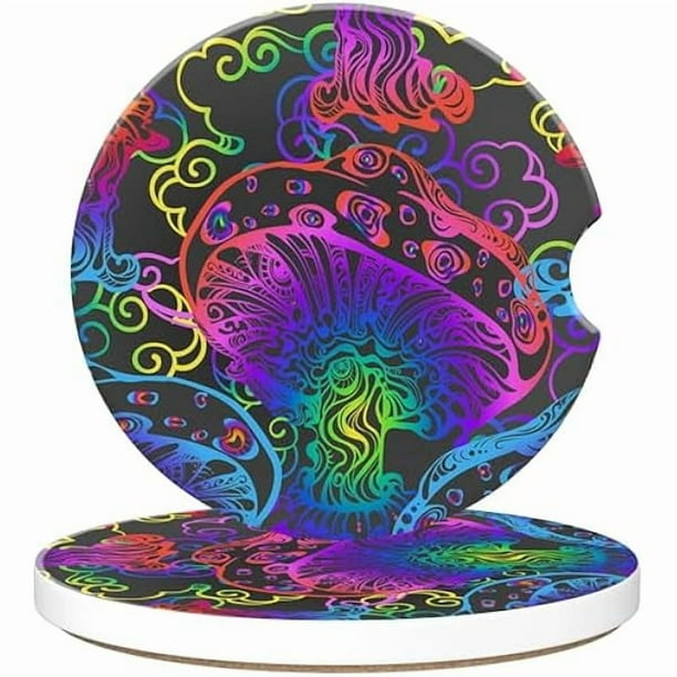 wonima02 Beautiful Mushroom Car Cup Holder Coaster, Car Coasters for Cup Holder, 2 Pack Glowing Mushrooms Anti-Slip Absorbent Ceramic Car Cup Coasters with Finger Notch Cork Base for Women Men 2.56"