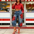 thumbnail image 5 of Sewkxo Womens Floral Print High Waist Loose Wide Leg Cropped Faux Denim Jeans Casual Printed Pants with Pockets,Red XL, 5 of 8