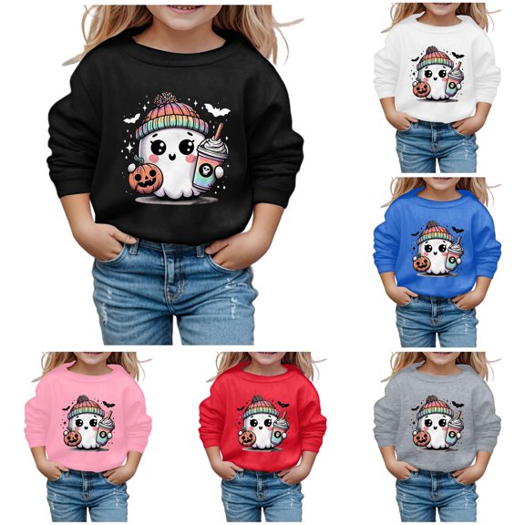 XAOFW Girls Halloween Sweatshirt Cute Ghost Printed Long Sleeve Round Neck Hoodless Sweatshirts Loose Fit Fashion Pullover Versatile Top 3-4 Years
