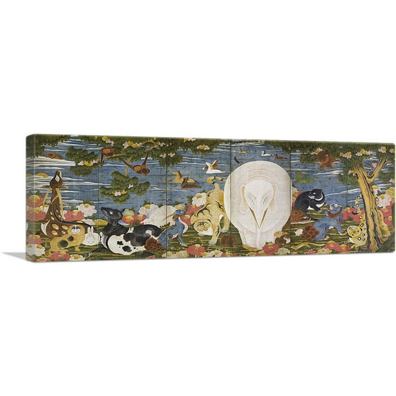 ARTCANVAS Animals in the Flower Garden - Right-Hand Screen Canvas Art Print by Jakuchu Ito - Size: 36" x 12" (0.75" Deep)