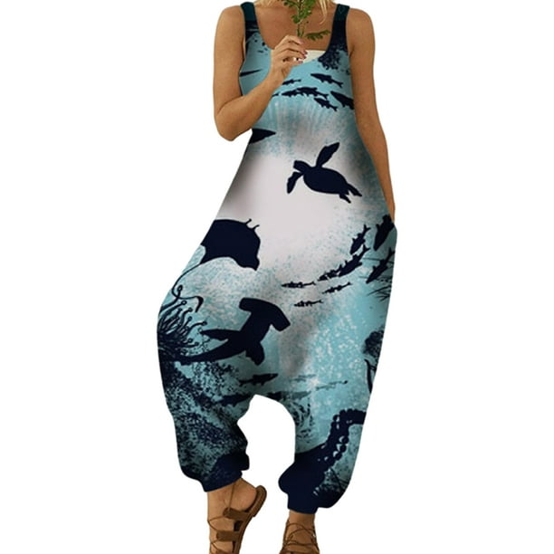 Grianlook Ladies Loose Baggy Long Pants Stretchy Animal Print Suspender  Beach Boyfriend Harem Pant 