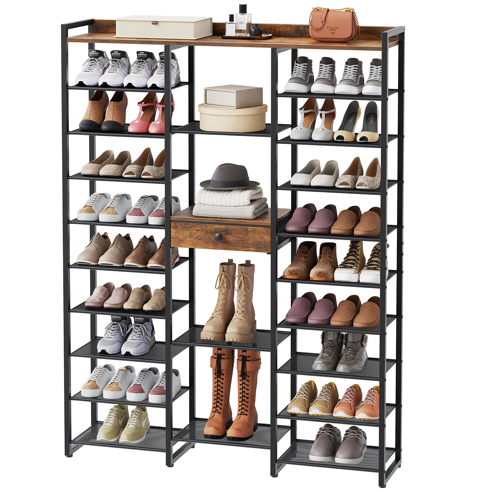 HOOBRO 10-Tier Shoe Rack Tall, Shoe Storage Organizer, 63-Inch Tall Storage Rack with Fabric Drawer, Sturdy Metal Support and Adjustable Feet, for Living Room, Rustic Brown and Black BF120XJ01