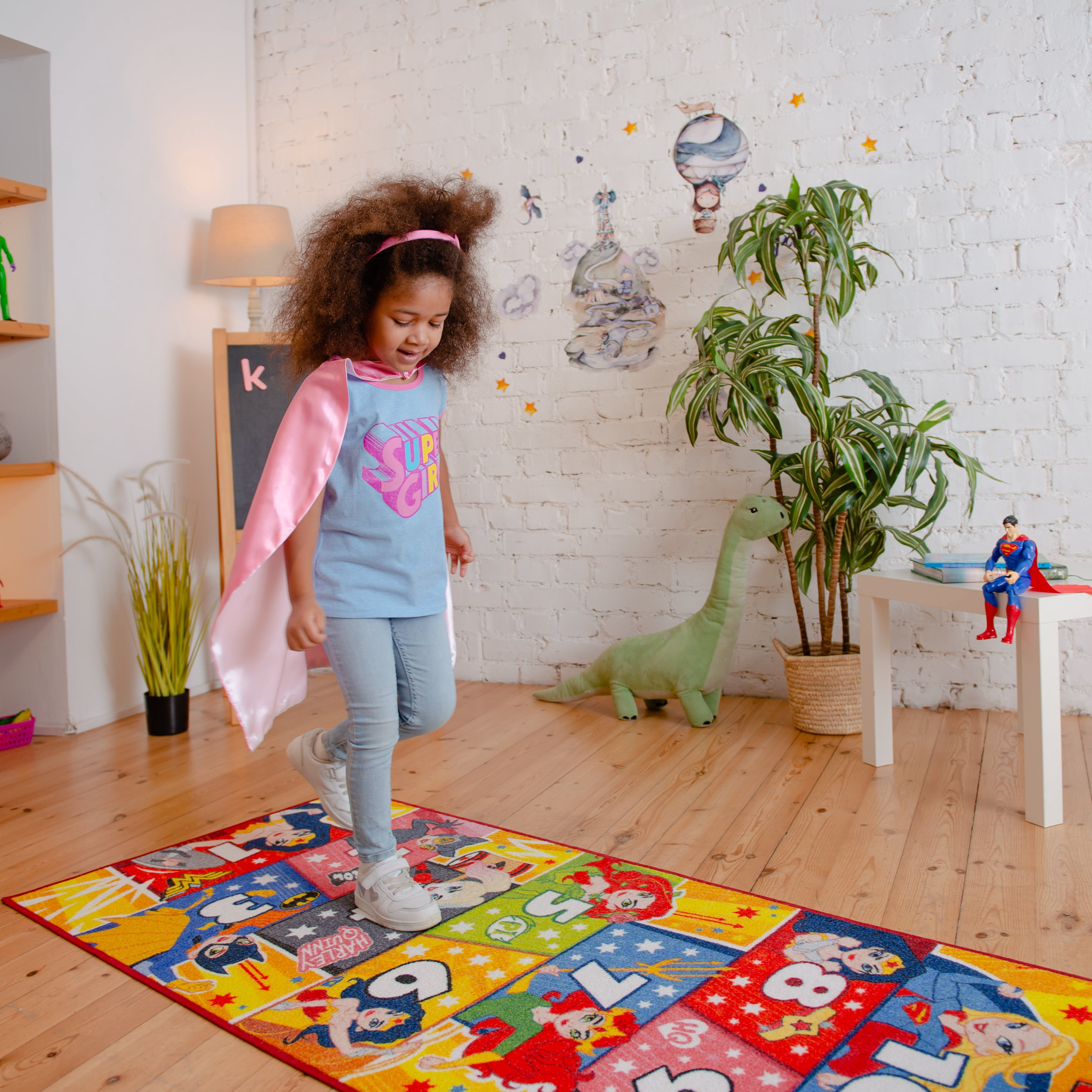 KC Cubs | Justice League Girls Hopscotch Number Counting Activity Educational Learning & Fun Game Play Area Non-Slip Rug Carpet for Kids and Children Bedrooms, Classroom and Playroom