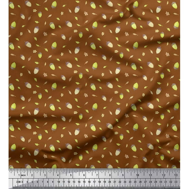 Soimoi Brown Poly Georgette Fabric Oaknut & Oak Leaves Print Fabric by The Yard 42 Inch Wide
