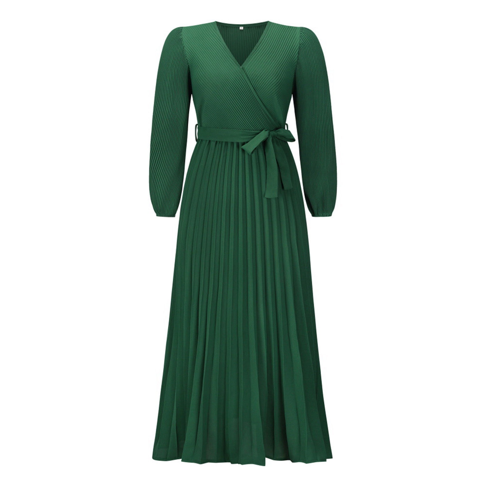 Women's V Neck Pleated A-line Dress 2024 Fall Long Sleeve Casual Swing Maxi Long Dresses for Party Wedding Guest