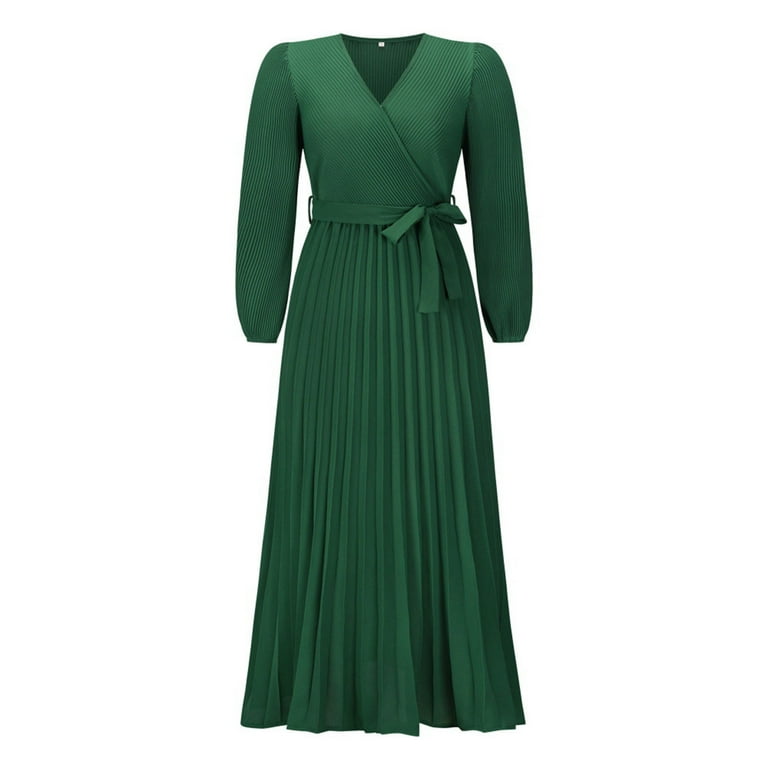 V-Neck Long-sleeved Pleated A-Line Midi Dress (Color: Green, Size: XL) V-Neck Long-sleeved Pleated A-Line Midi Dress (Color: Green, Size: XL)