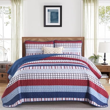 Striped Quilt Set King Size Red Blue Boho Striped Patchwork Bedspread Coverlet Set Bedding Set for All Season
