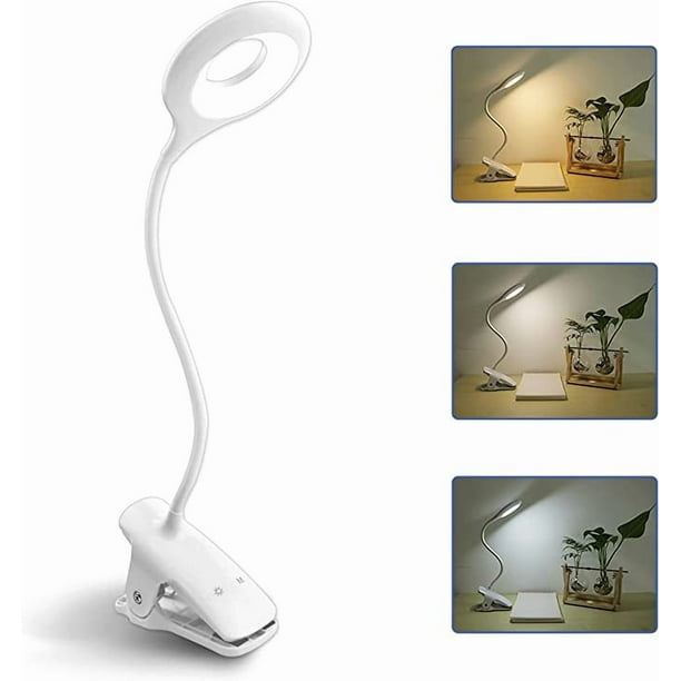 Lámpara de escritorio LED inalámbrica recargable, 3 colores y 3 ajustes regulables, lámpara de noche táctil para niños con clip, lámpara de lectura portátil con clip para cama, color blanco [Clase ene